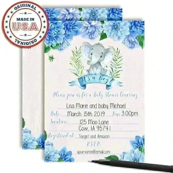 Watercolor Dahlia Floral Elephant-Themed Baby Boy Sprinkle Shower Invita… - Picture 3 of 5
